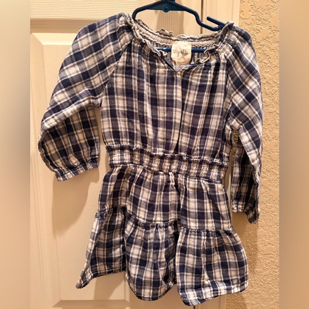 Vignette Plaid Blue and White Girls' Casual Tiered Dress